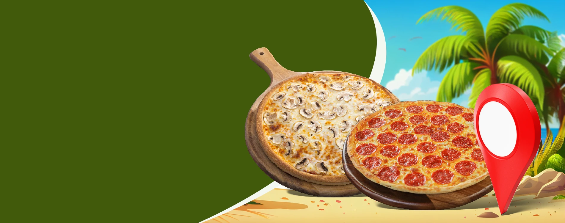 Pizza Twist banner showcasing a mushroom pizza and a pepperoni pizza on wooden boards, with a tropical beach and palm tree backdrop featuring a red map location pin.