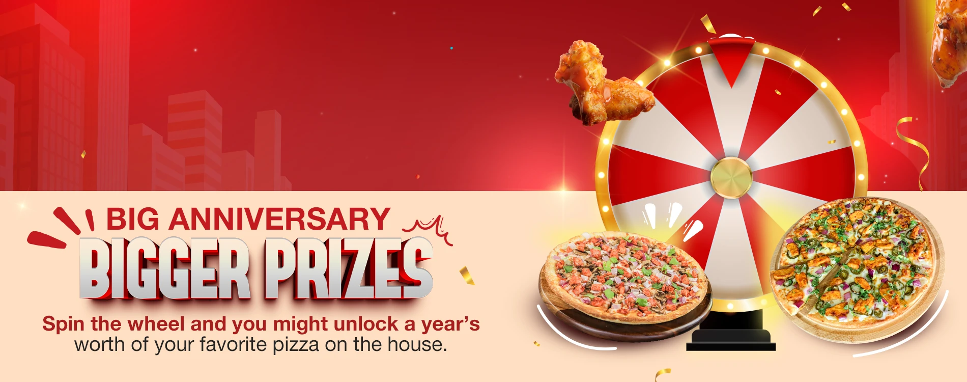 Pizza Twist promotional banner featuring two delicious pizzas – one with mushrooms and another with pepperoni – on wooden platters, set against a tropical beach background with palm trees and a red location pin.