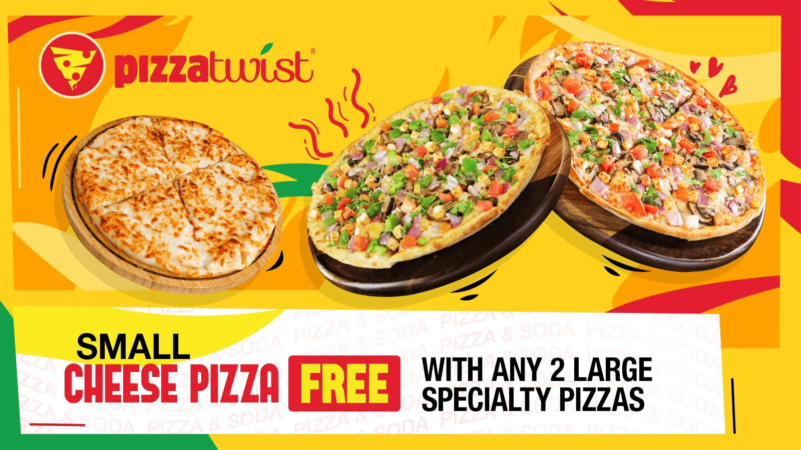 Small Cheese Pizza Free With any 2 Large Pizza specialty