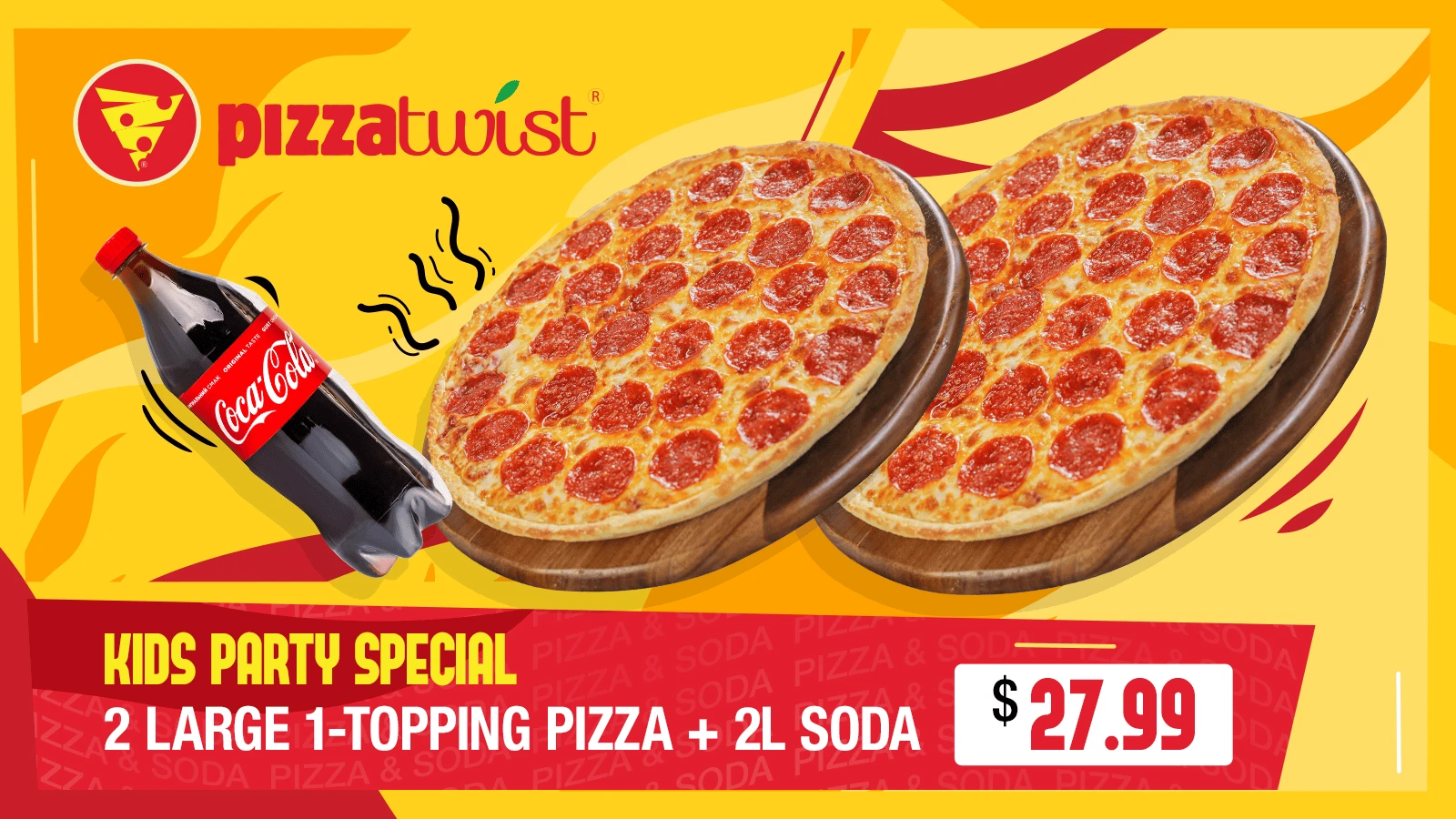 Get 2 large 1-topping pizzas and a 2 Ltr of Soda