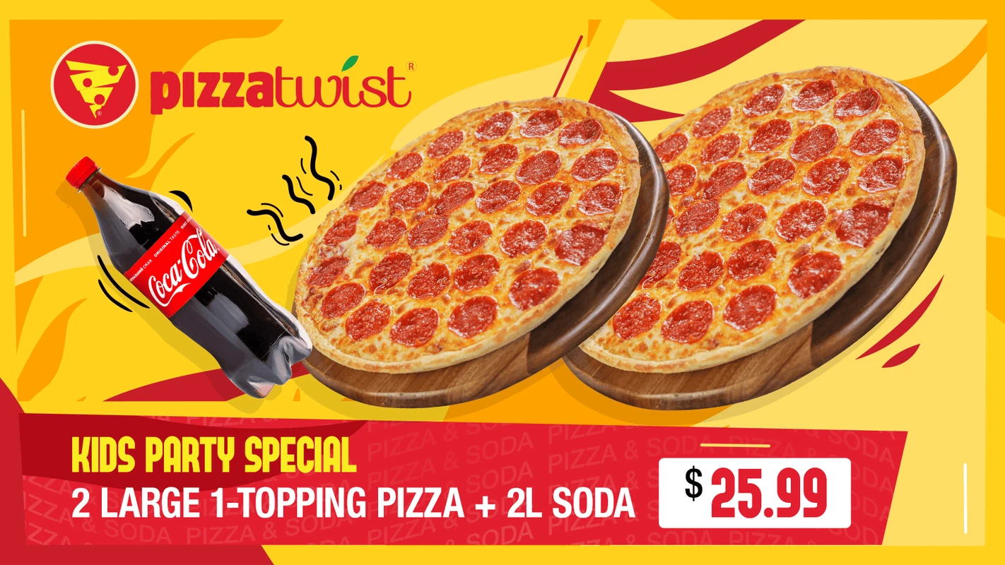 Get 2 large 1-topping pizzas and a 2ltr of Soda