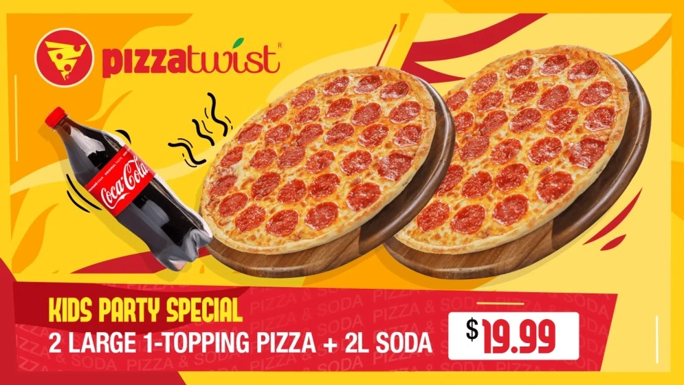 Get 2 large 1-topping pizzas and a 2ltr of Soda
